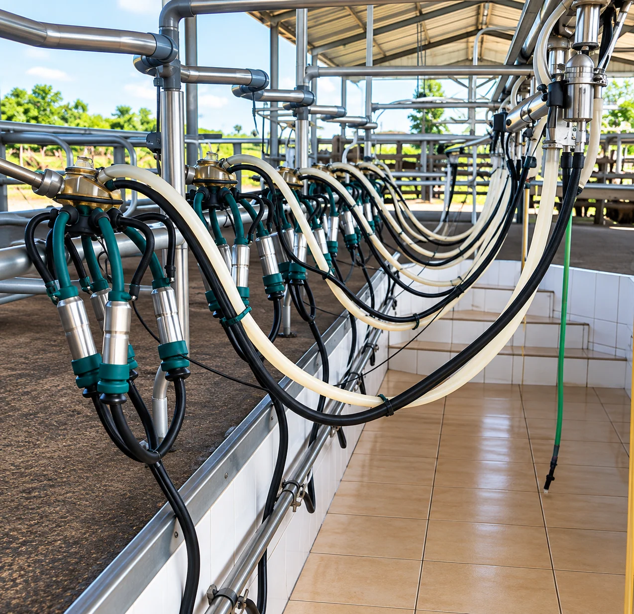 Commercial stainless steel milking parlour with operator pit