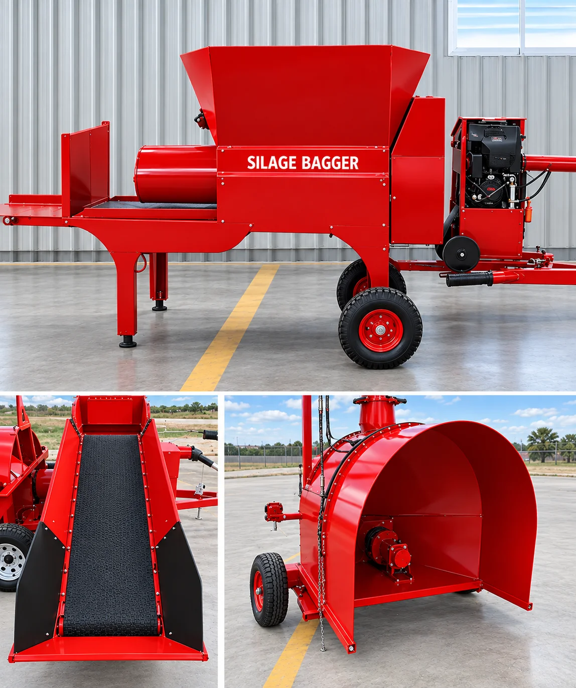 Commercial tractor PTO-driven silage bagger packing chopped fodder