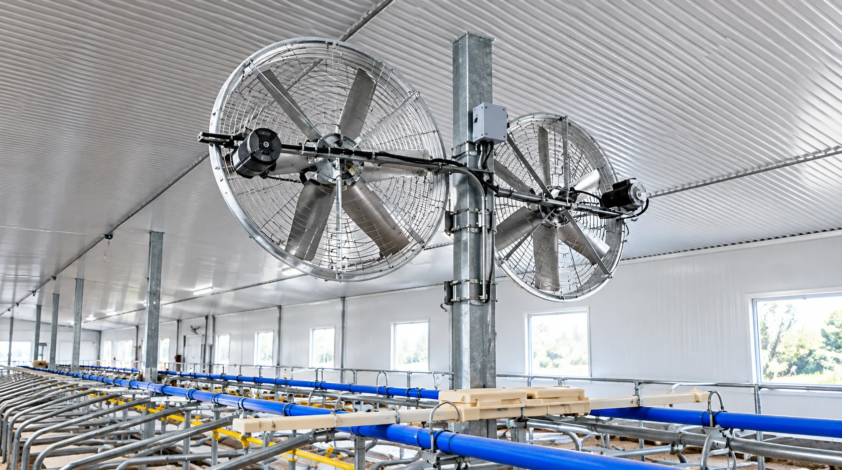 Aerodynamic composite blast ventilation fan installed in dairy barn