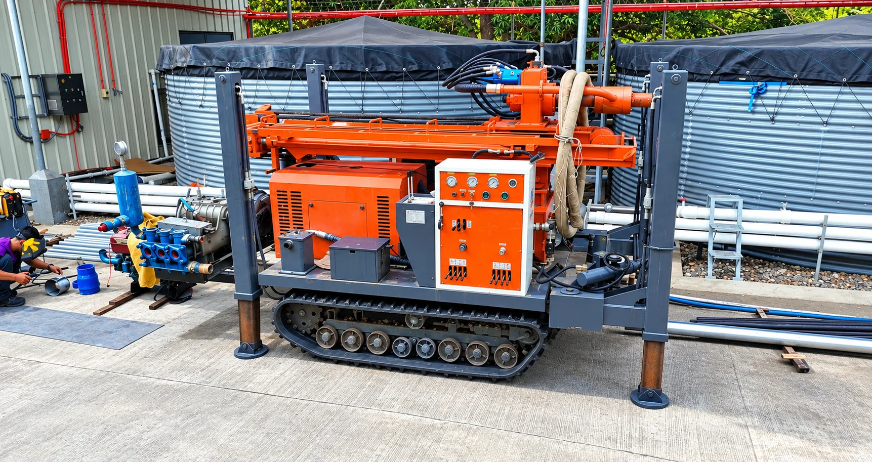 Heavy crawler hydraulic drilling rig mast and mud pump assembly