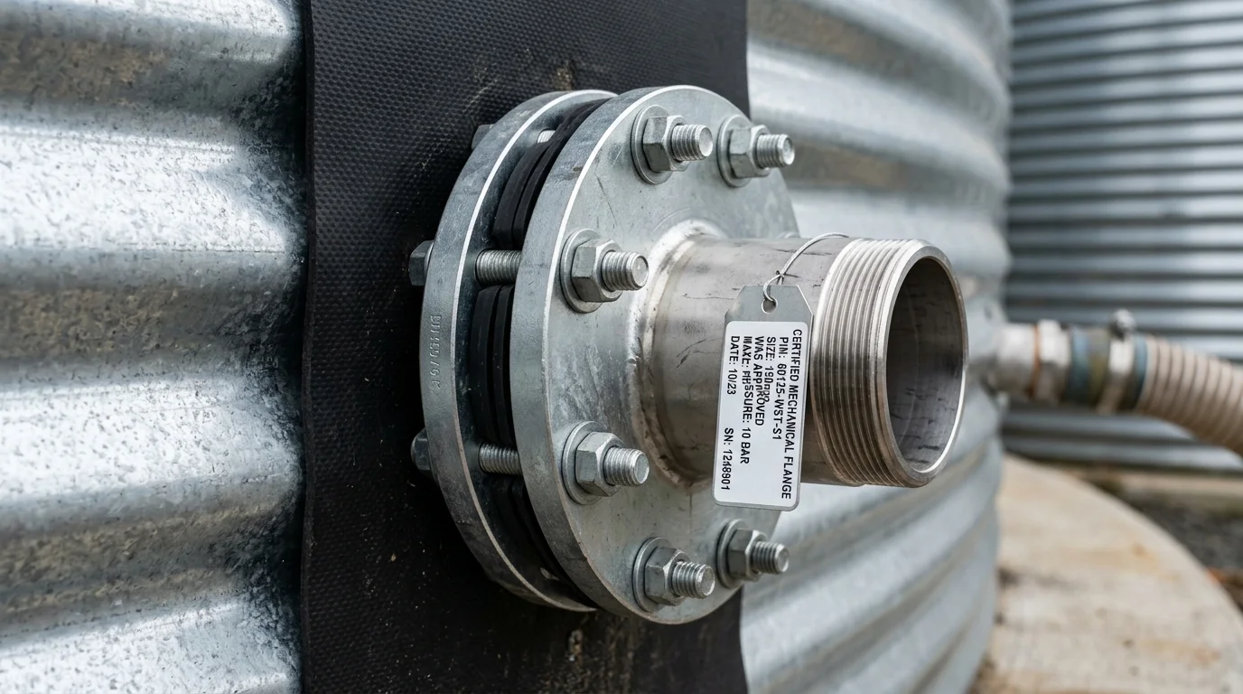 Factory-certified mechanical pass-through flange outlet fitting for water silos