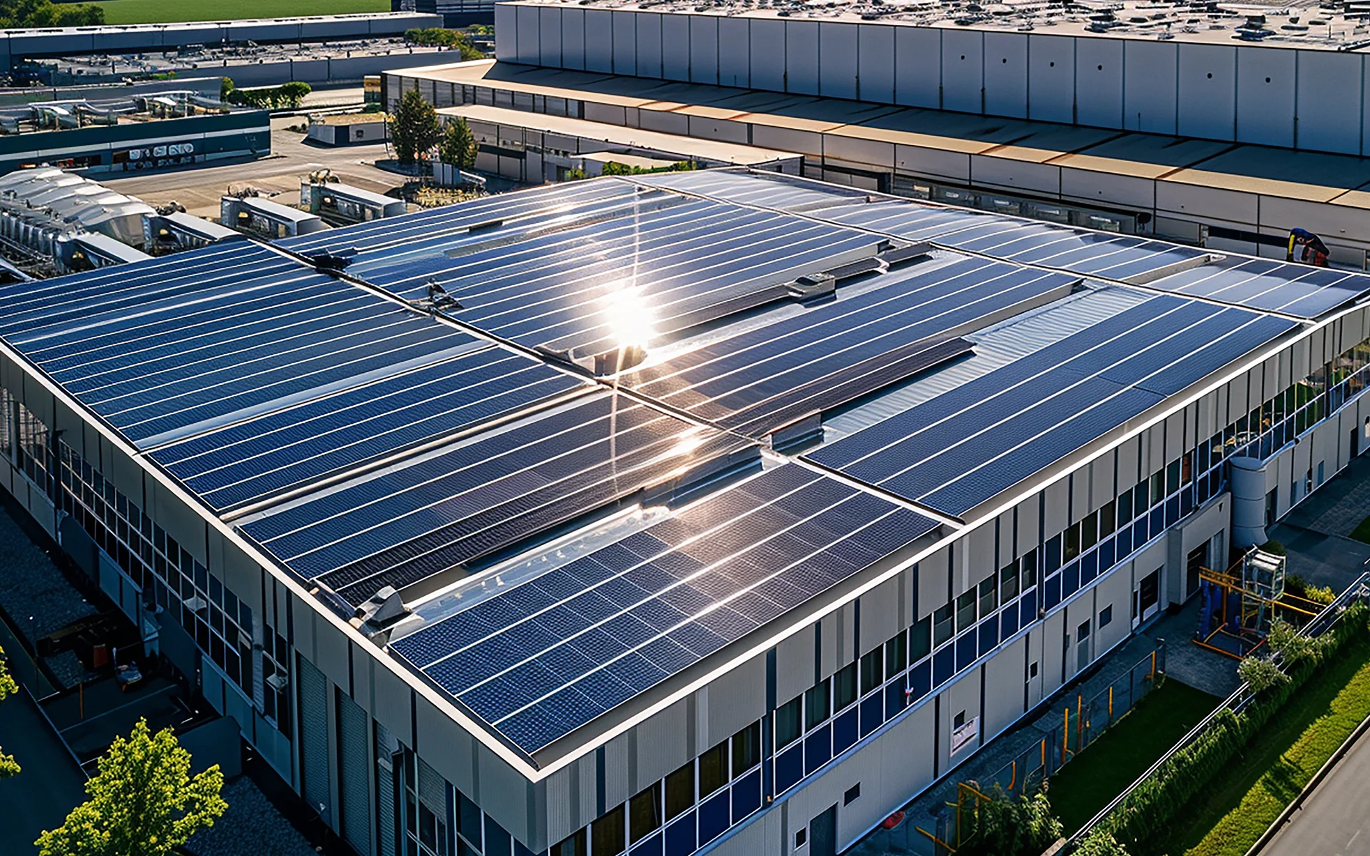 Factory rooftop solar PV installation with industrial inverters