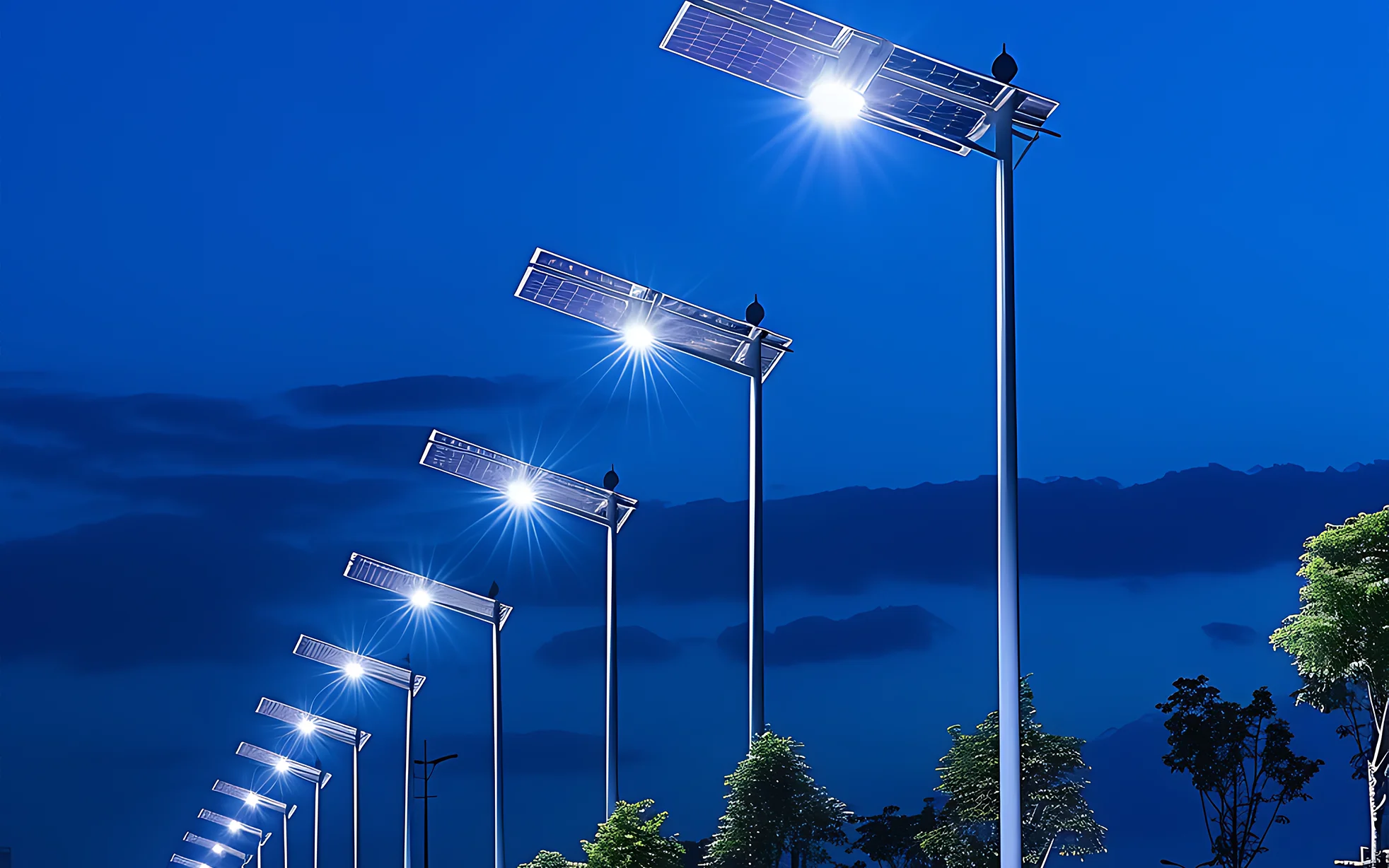 Solar powered LED street light installed along roadway