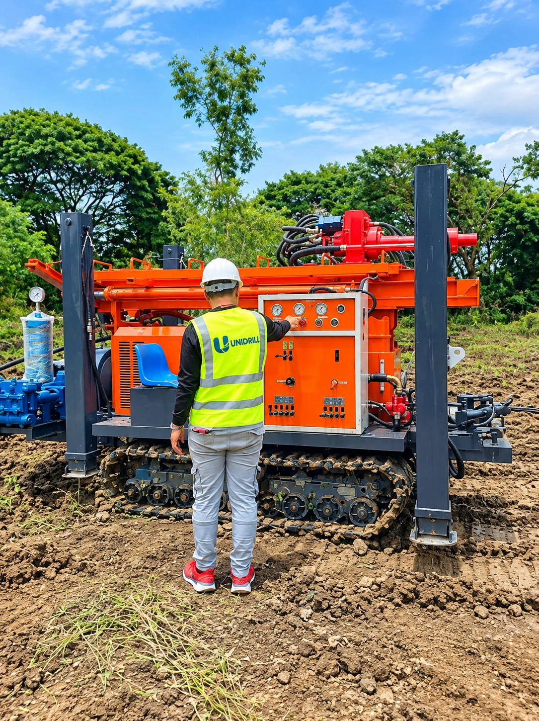 Heavy hydraulic crawler drilling rig executing deep well borehole